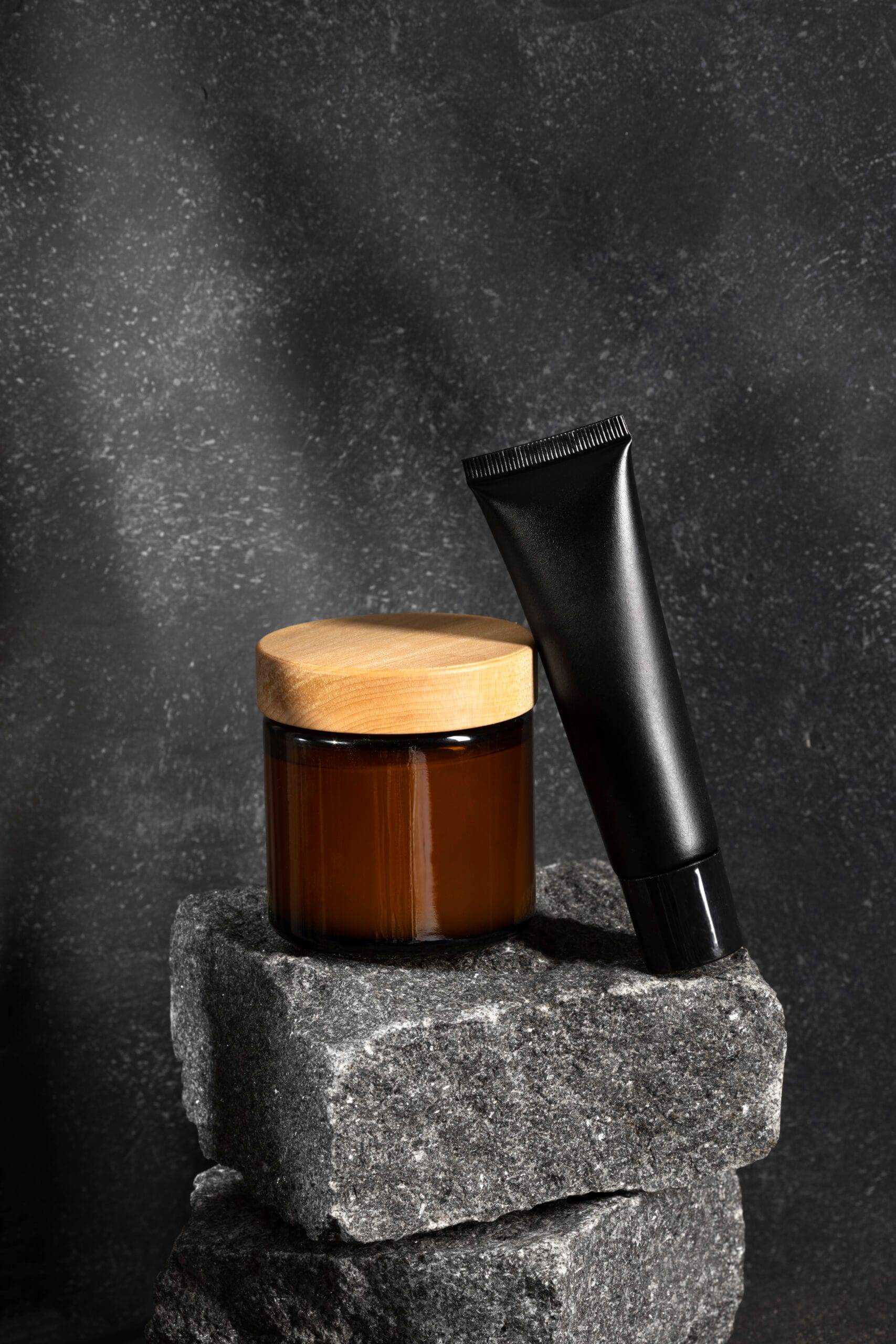 Luxury Skincare Display – Valentine Aura Luxe Luxury dark spot and acne skincare display with gold accents on charcoal background