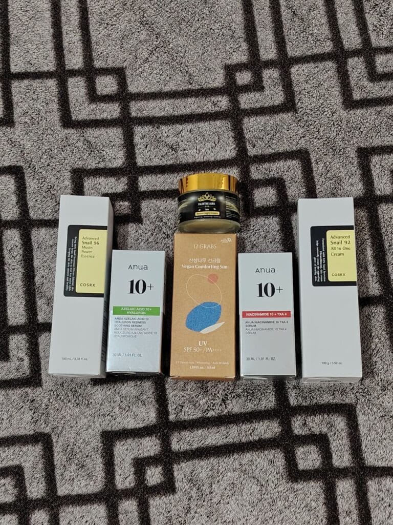 Dark spots skincare products in Kenya including Anua Azelaic Acid, Niacinamide 10% TXA, COSRX Snail Cream and 12 Grabs Vegan Sunscreen from Valentine Aura Luxe