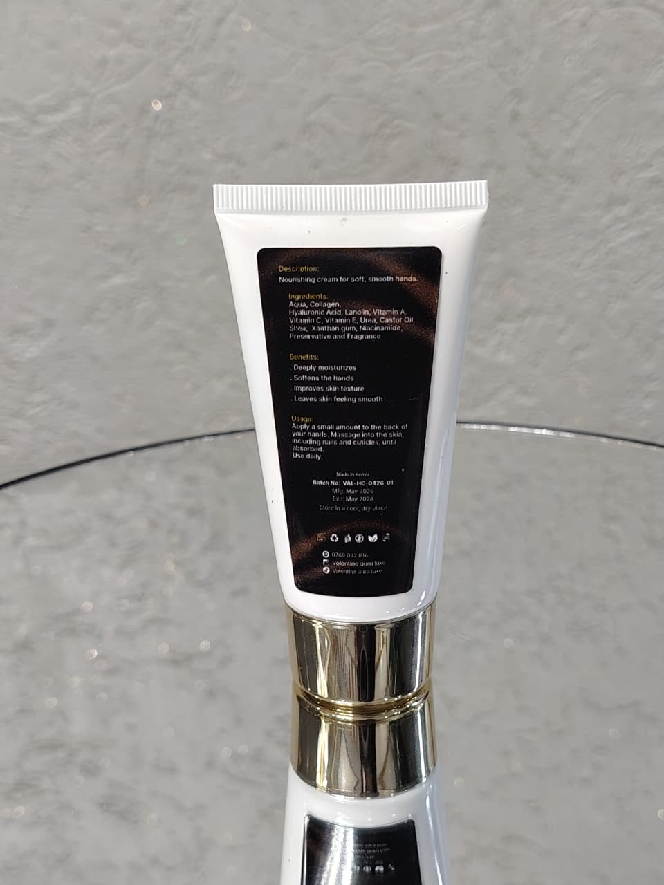 Back label of Valentine Aura Luxe Collagen Hand Cream showing ingredients and directions