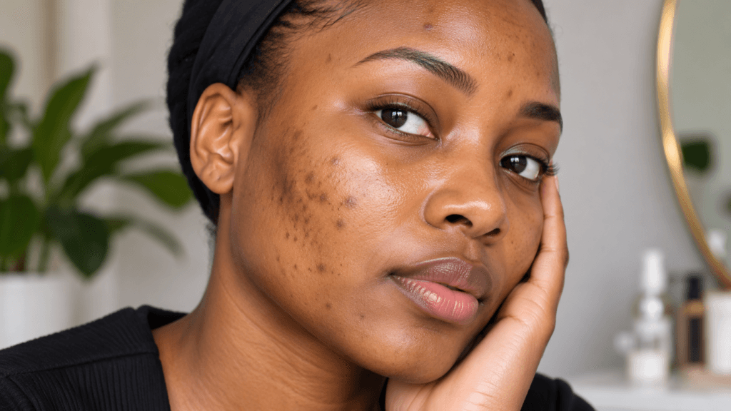 African woman with visible dark spots and post-acne hyperpigmentation on her cheeks