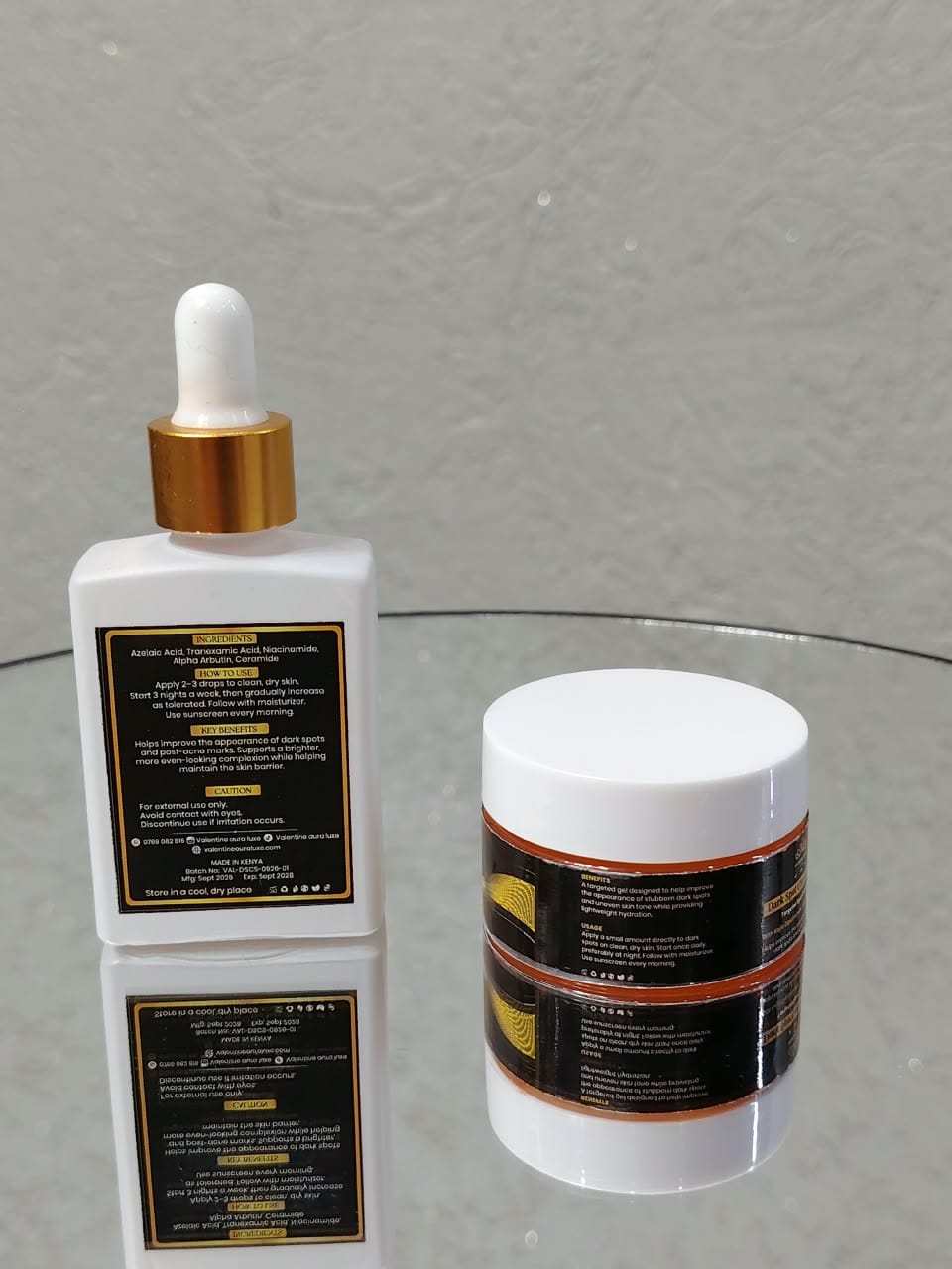Valentine Aura Luxe Dark Spot Correcting Duo Kenya showing the back labels, ingredients and usage instructions.